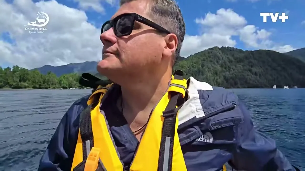 Un hombre con lentes oscuros y chaleco salvavidas amarillo mira hacia el horizonte desde un velero en el lago, con cerros verdes y cielo con nubes al fondo.